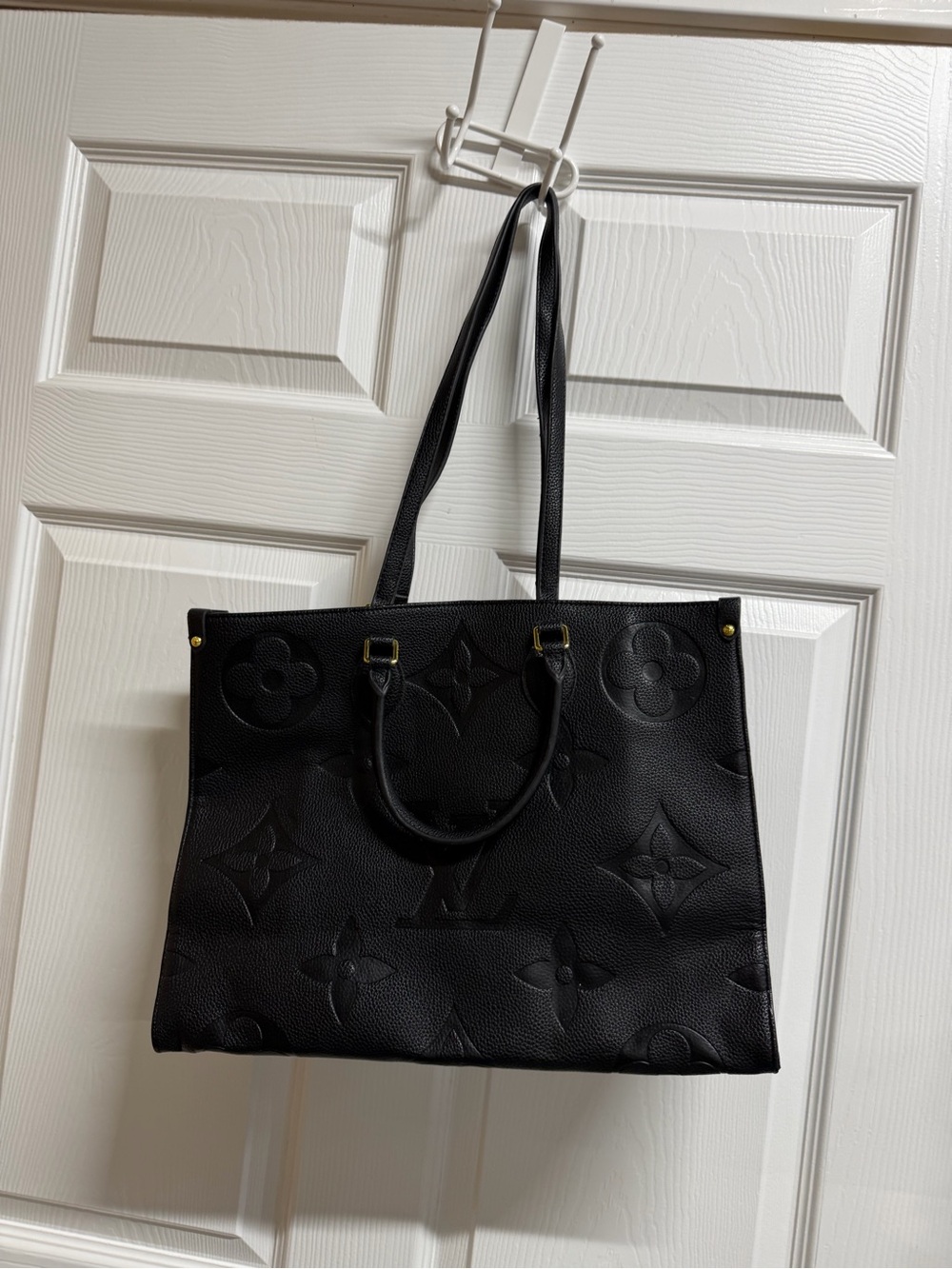 Embossed Black Leather Tote Bag with Double Handles